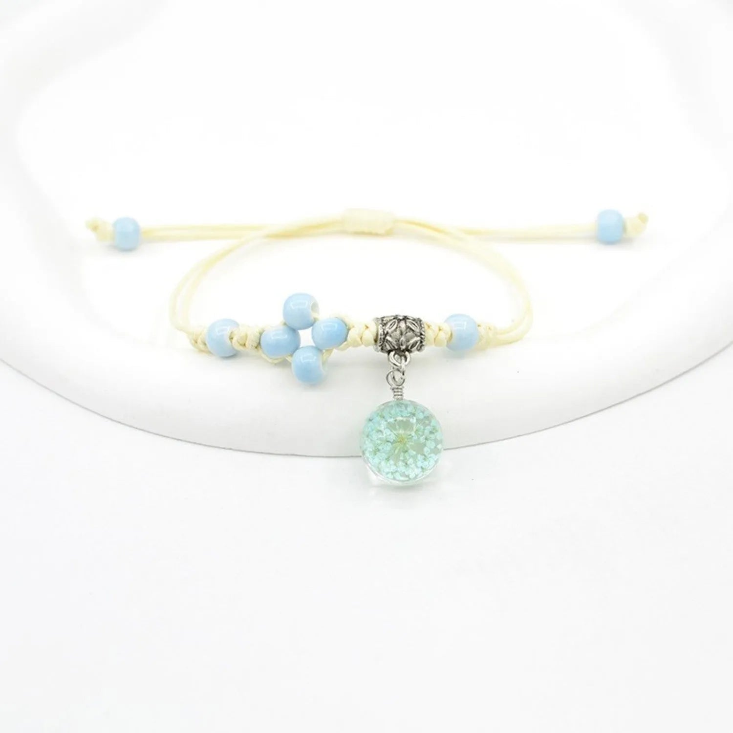 Glass dried flower bracelet with real preserved flowers and lace trim on large 1.4cm beads