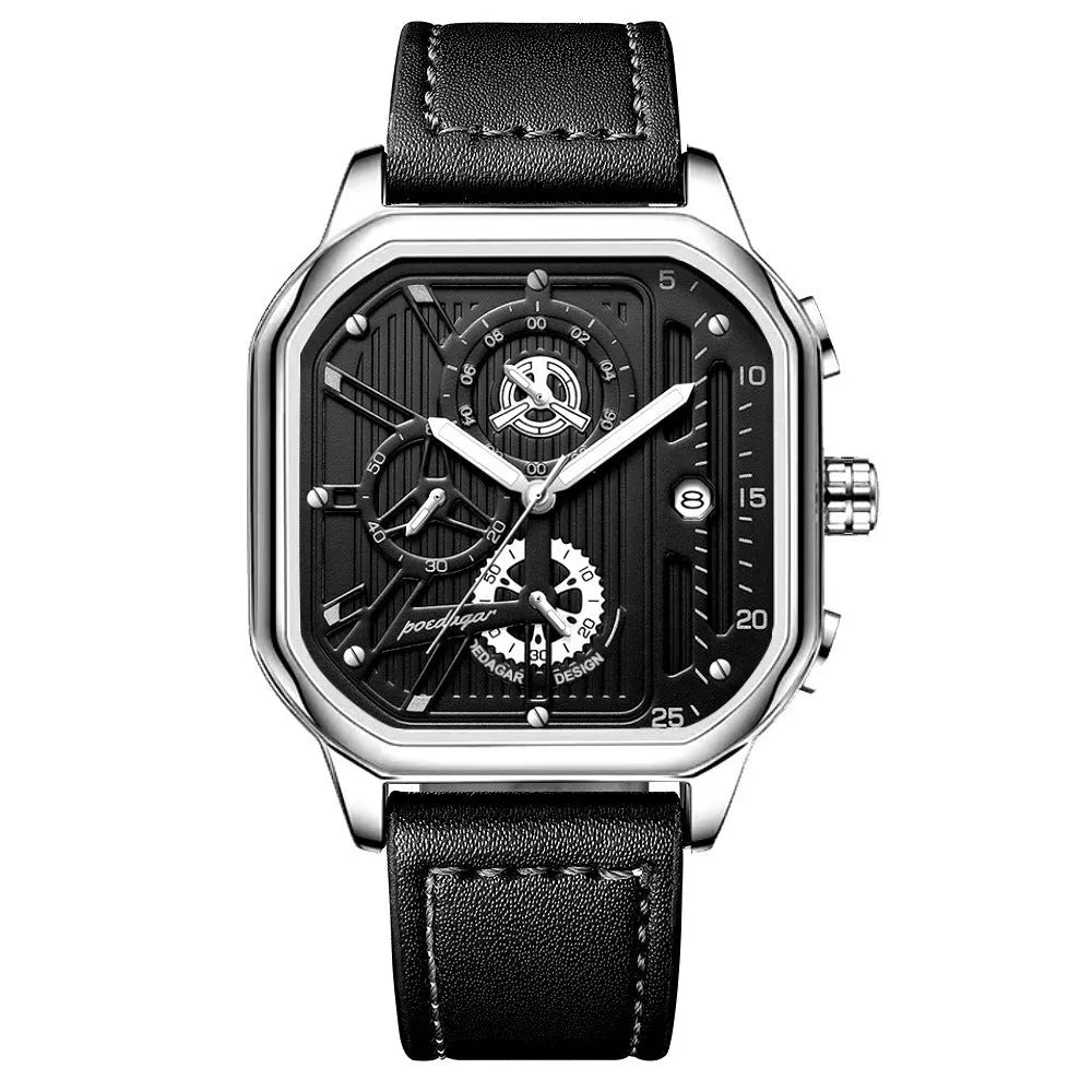 Men's belt-style sports watch with quartz movement showing 8mm thickness and multiple colour options