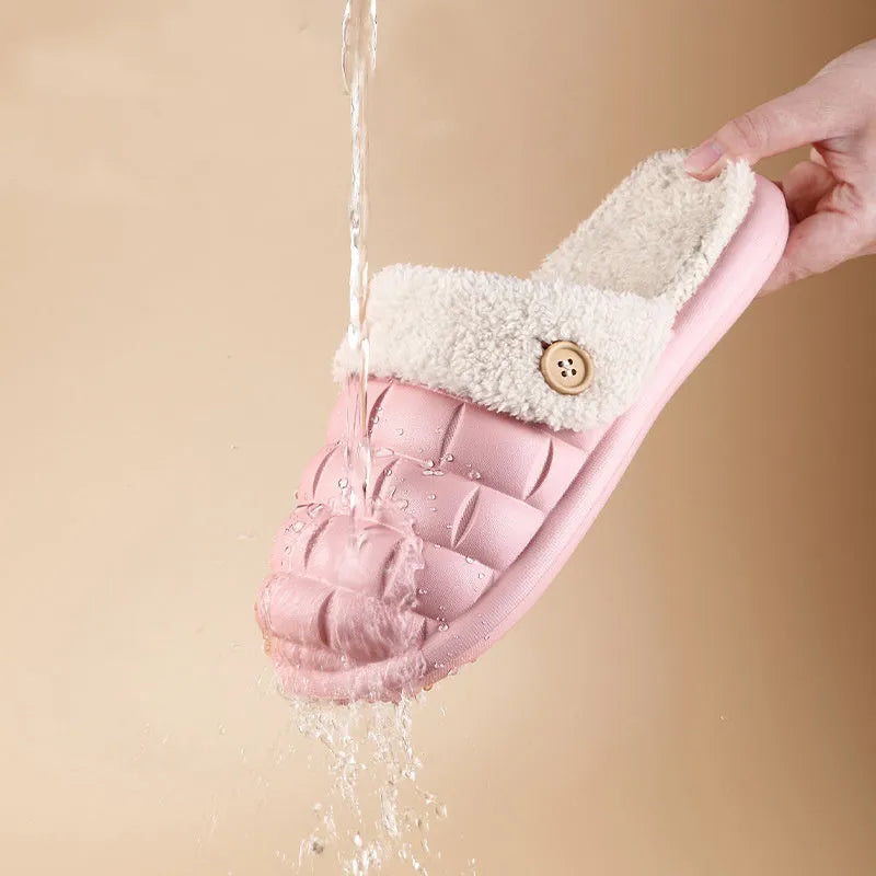 Plaid detachable EVA slippers for women in pink, shown with plush lining and flat sole.