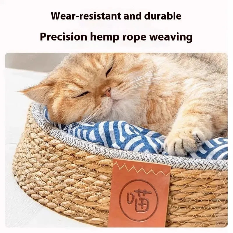 Rattan woven cat nest pet bed available in four sizes S, M, L, and XL.