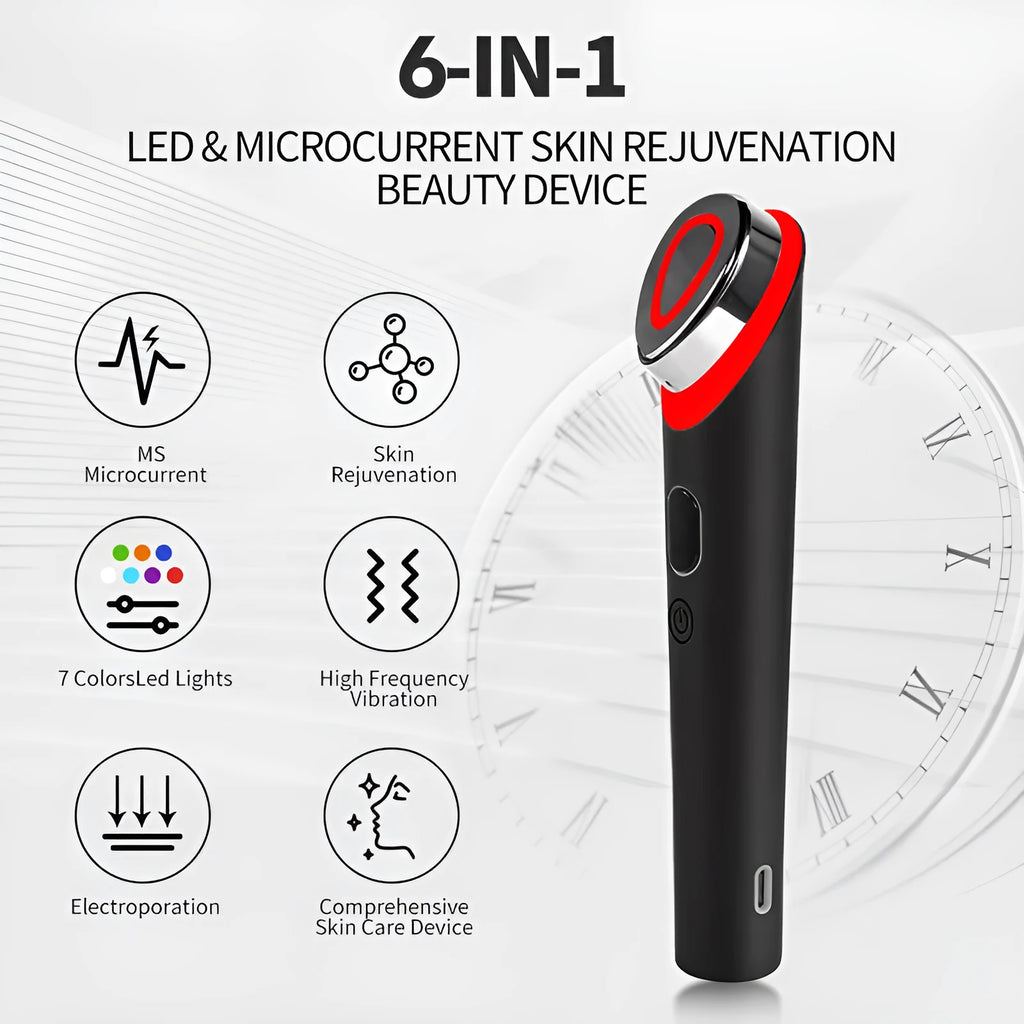 Black 7 colour light vibration face massage device with red blue LED therapy for eyes