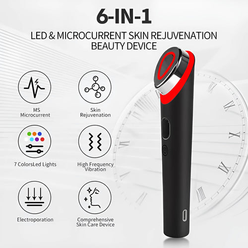Black 7 colour light vibration face massage device with red blue LED therapy for eyes