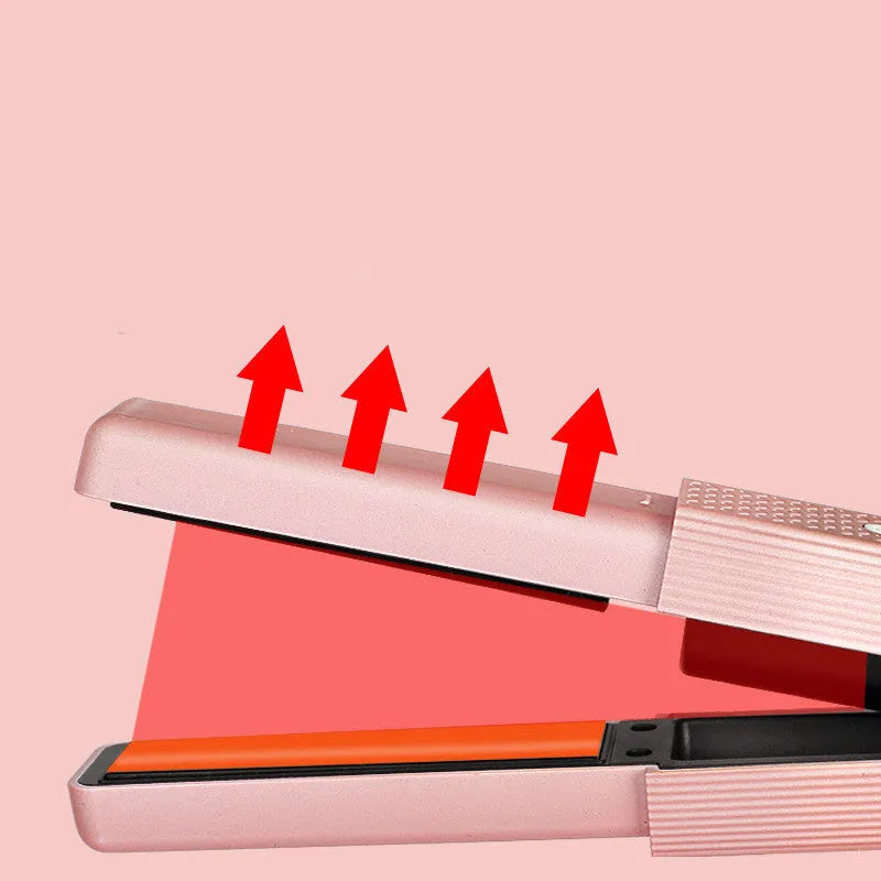 Pink and green mini cordless USB hair straightener and curler with ceramic plates.