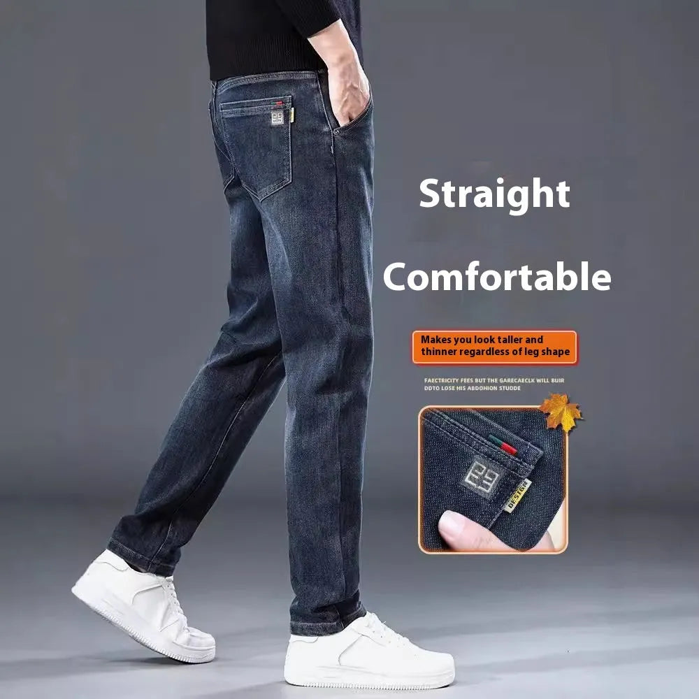 Blue grey slim straight casual trousers with a zipper fly on a mid-waist.
