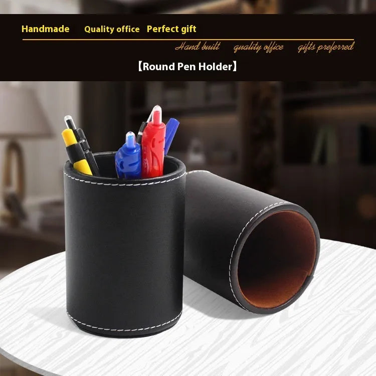 Round black leather pen container with 8.0cm diameter and 10.8cm height dimensions