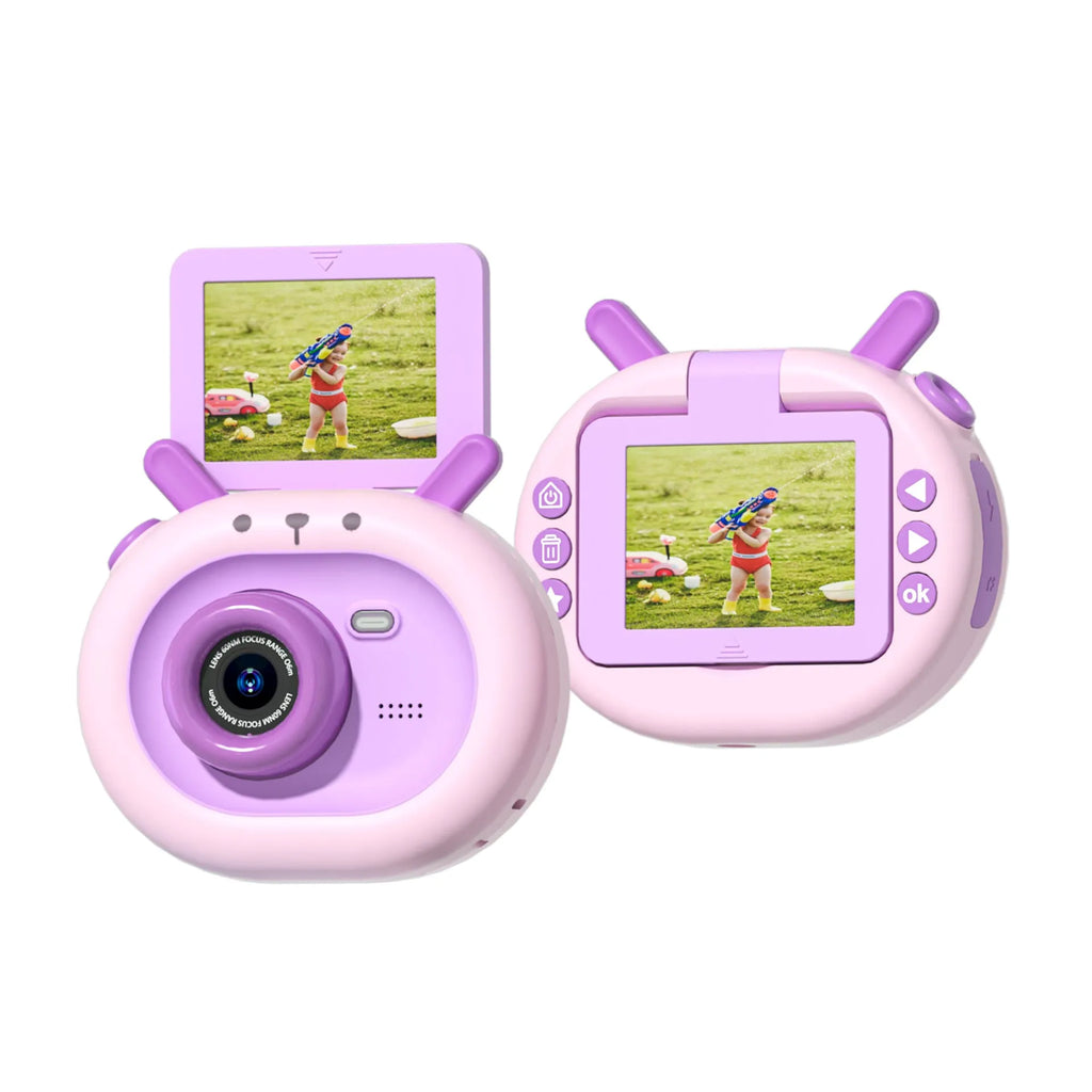 Purple children's digital camera with flip screen, silicone case, and lanyard for kids aged 4-6