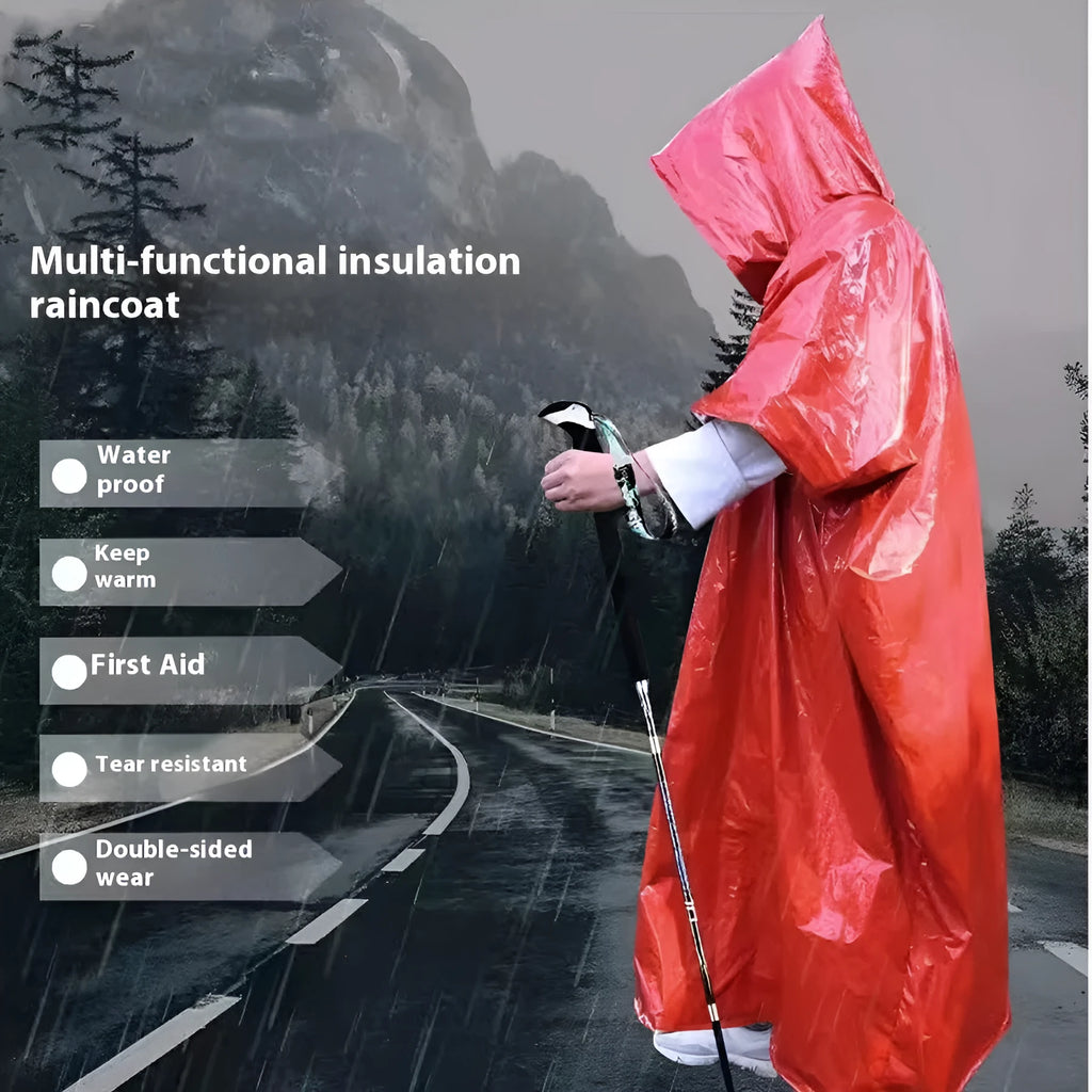 Marathon Wild orange raincoat laid flat showing its 100x130cm size for cross-country use.