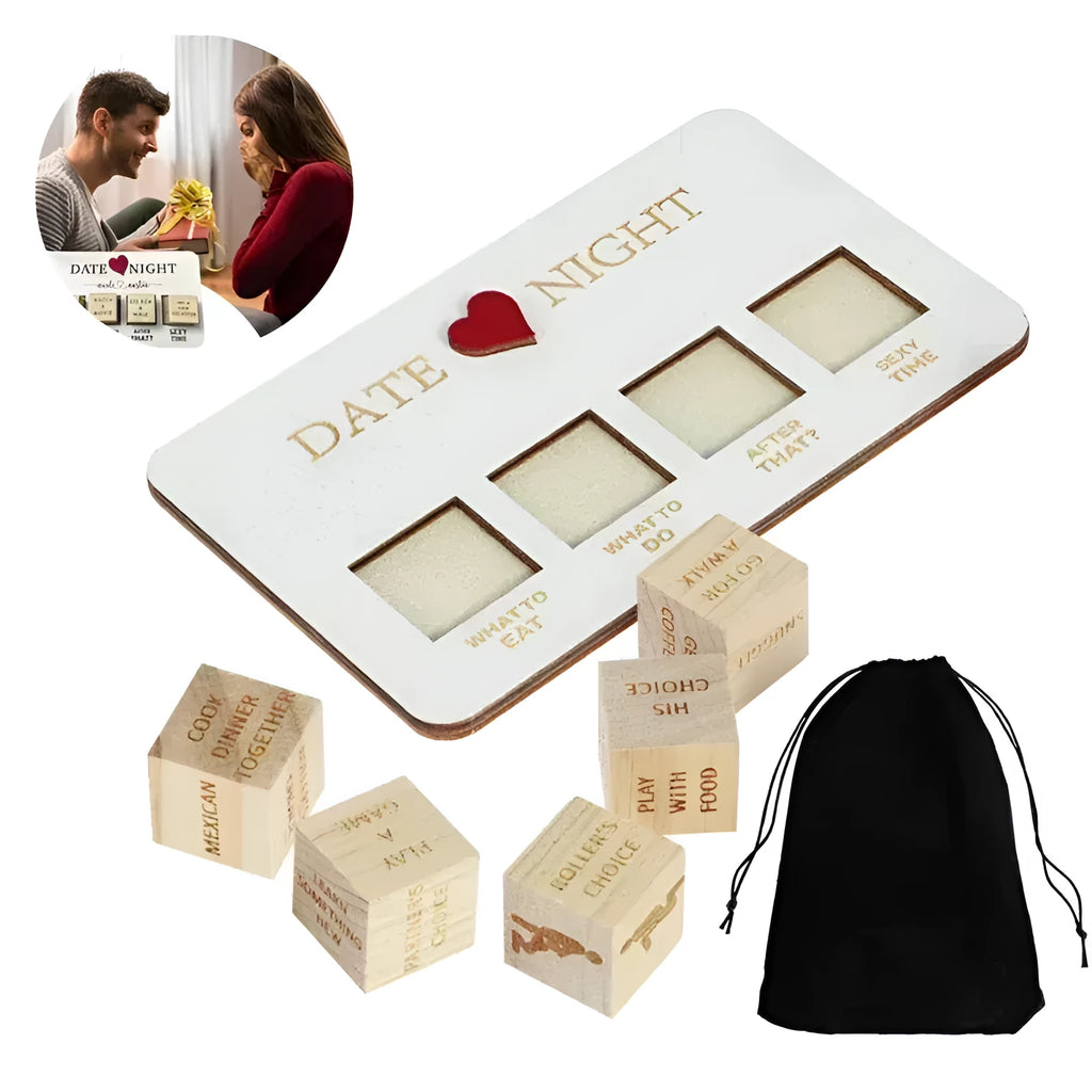 Wooden date night dice set with five dice, planner board and black storage bag for couples