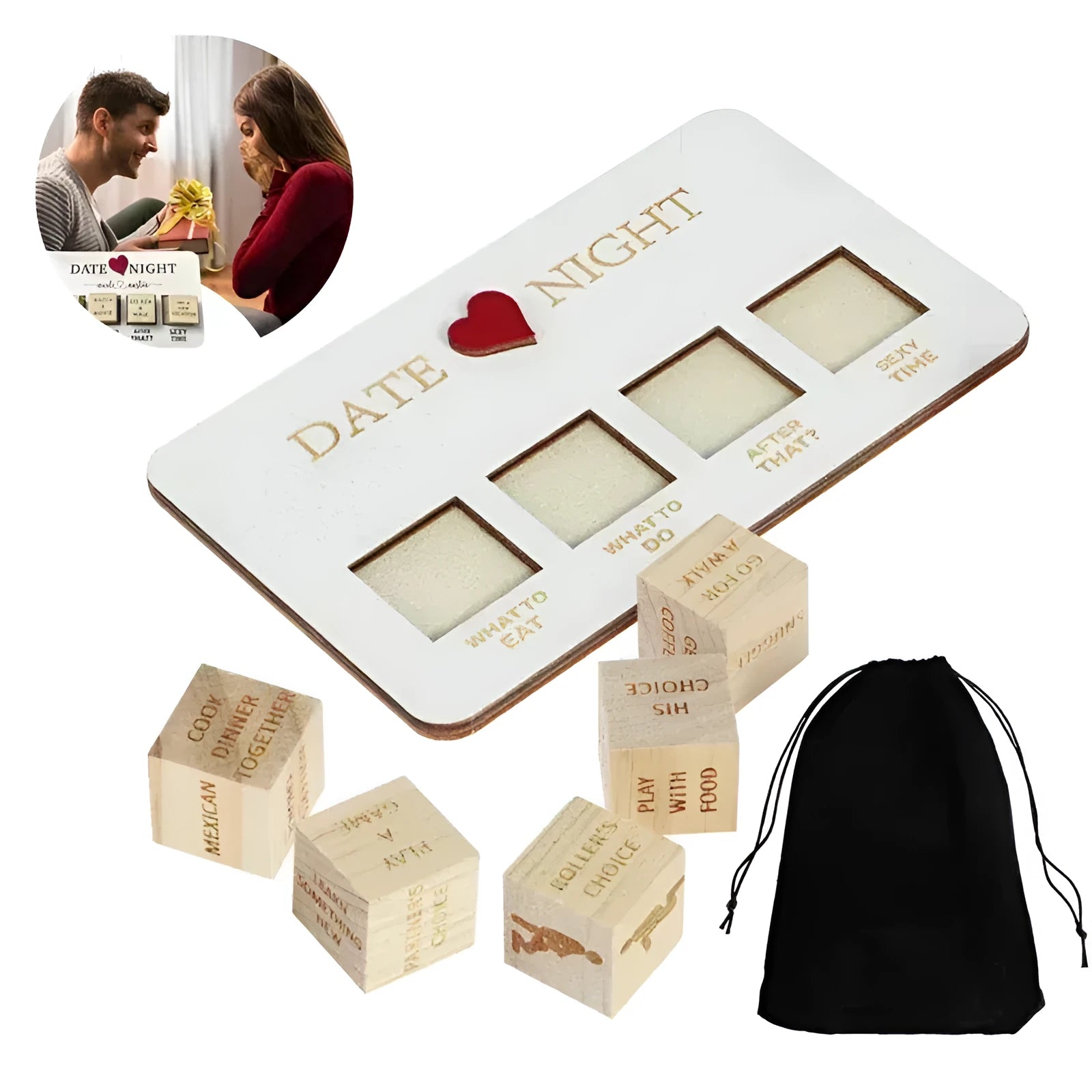 Wooden date night dice set with five dice, planner board and black storage bag for couples