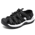 Women's black leather mesh toe box sandals with elastic band fastening