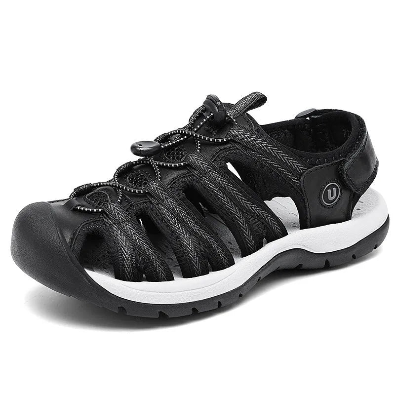 Women's black leather mesh toe box sandals with elastic band fastening