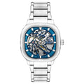 Men's square dial automatic watch with luminous markers and stainless steel strap on a wrist.