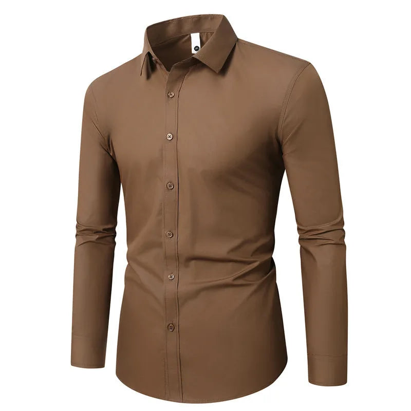 Man's long-sleeve loose-fit linen shirt in a light colour, showing the button front and relaxed silhouette.