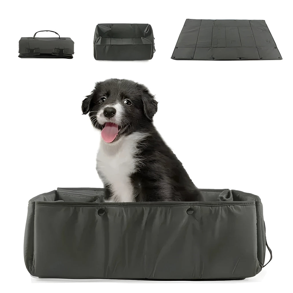 Portable dog travel bed in black, 3-in-1 carrier mat and cushion with collapsible design and carry handle