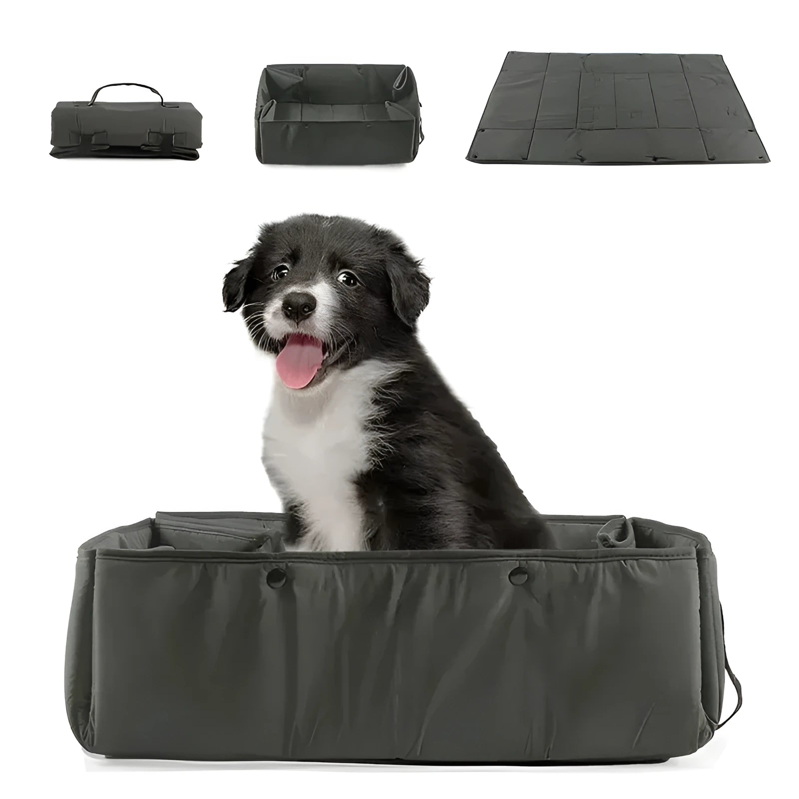 Portable dog travel bed in black, 3-in-1 carrier mat and cushion with collapsible design and carry handle