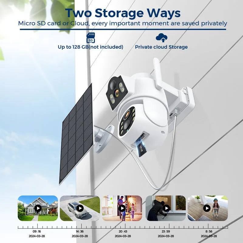 White outdoor solar-powered wifi security camera with solar panel on a wall