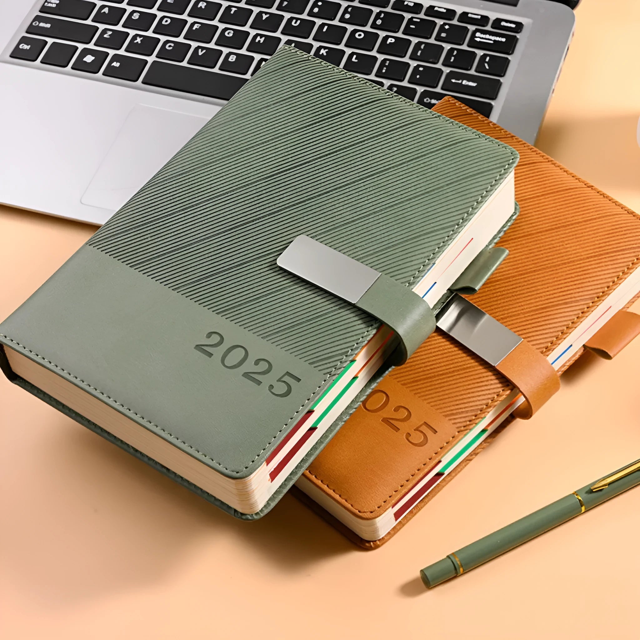Executive leather notepad open showing 80g paper with striped PU cover in professional colour