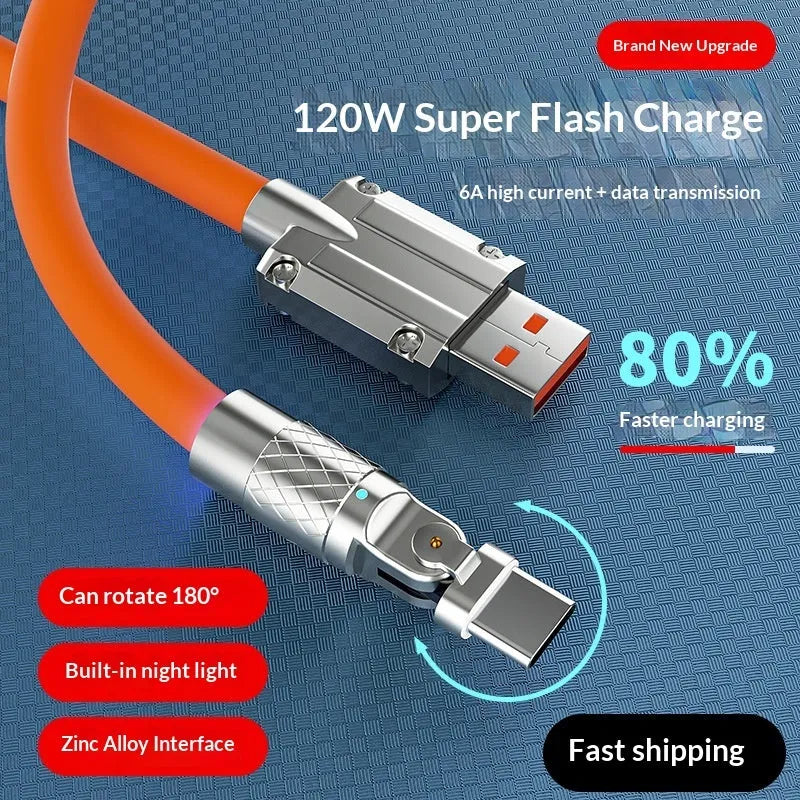 Mecha Elbow 180 Rotating Data Cable with zinc alloy connector in orange, 2m length