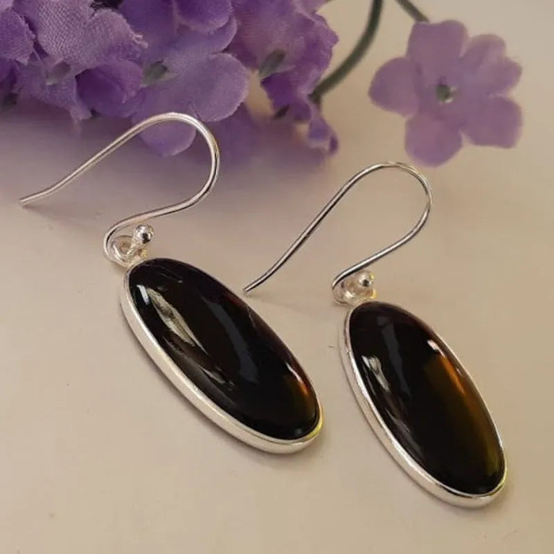 Black oval geometric pendant earrings with electroplated 925 silver alloy for women