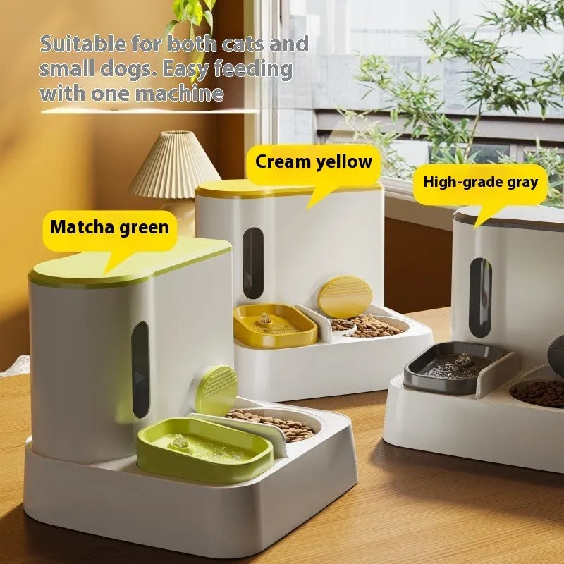 Grey cat automatic pet feeder with integrated double bowl water dispenser