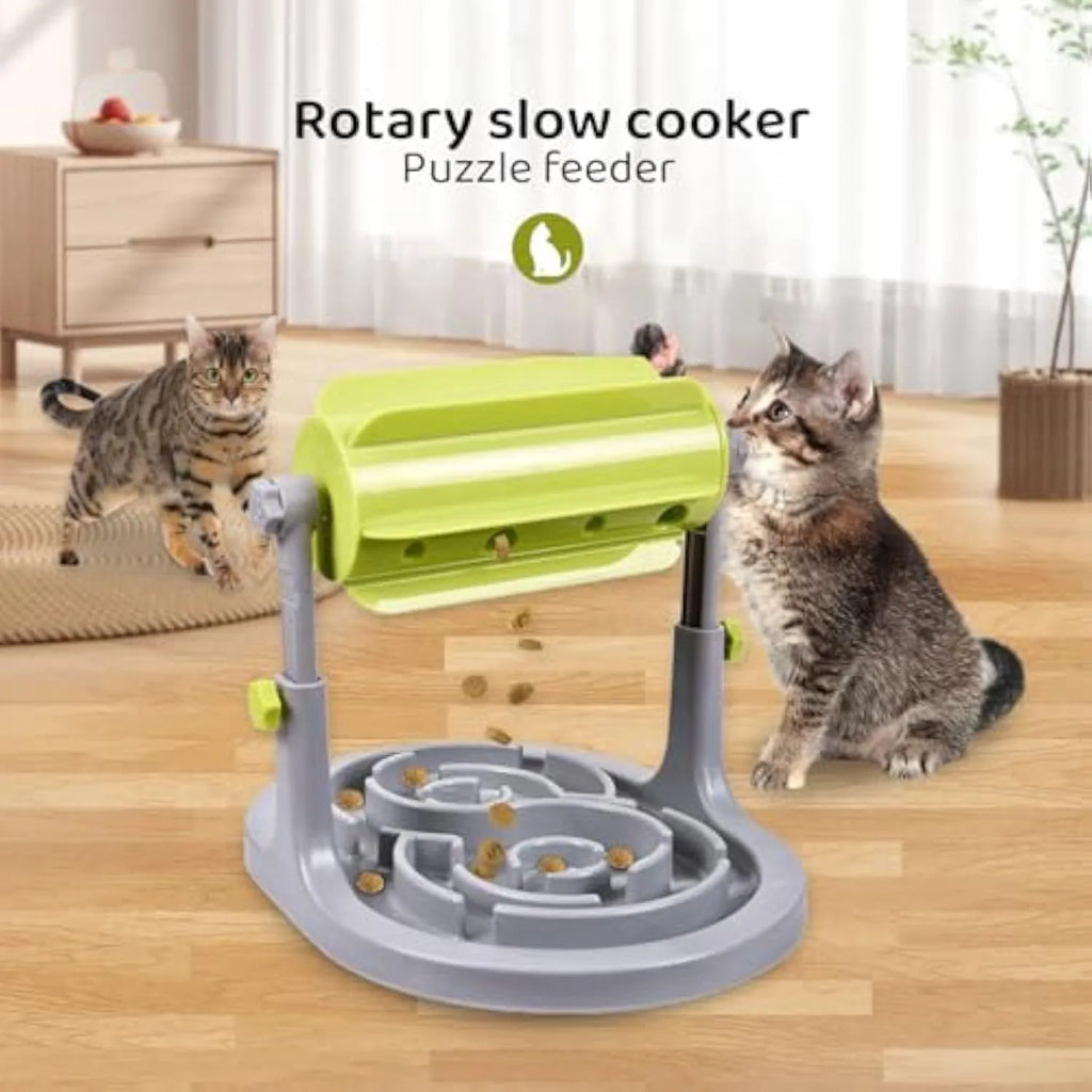 Blue interactive pet puzzle slow feeder bowl with raised patterns and adjustable height mechanism