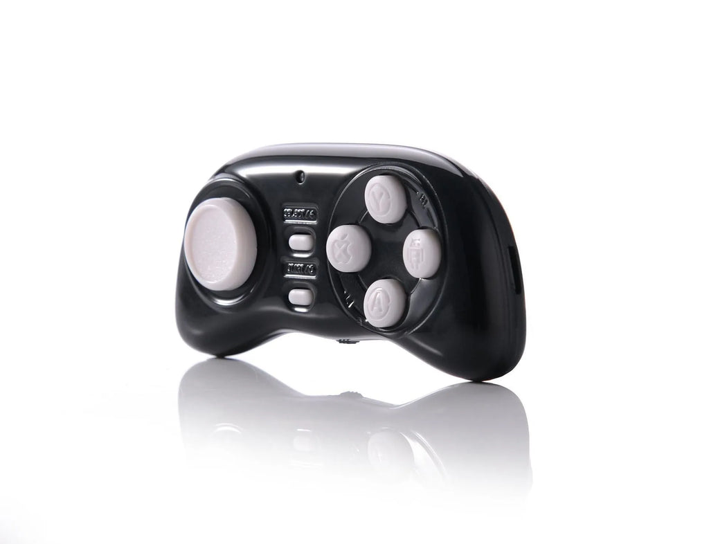 Black mobile game controller Smart Handle 608 on white background, Bluetooth mini gamepad with plastic body