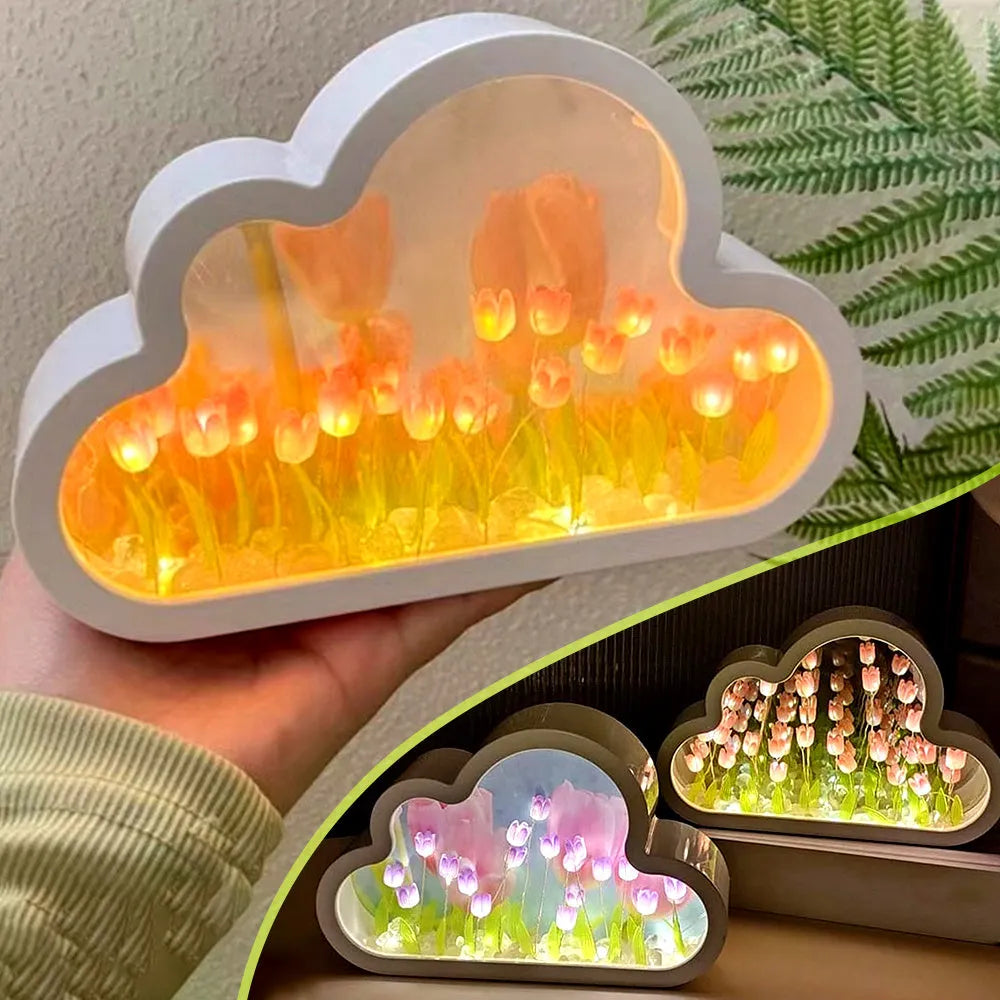 Tulip-shaped LED night lamp with decorative mirror photo frame in multiple colour options