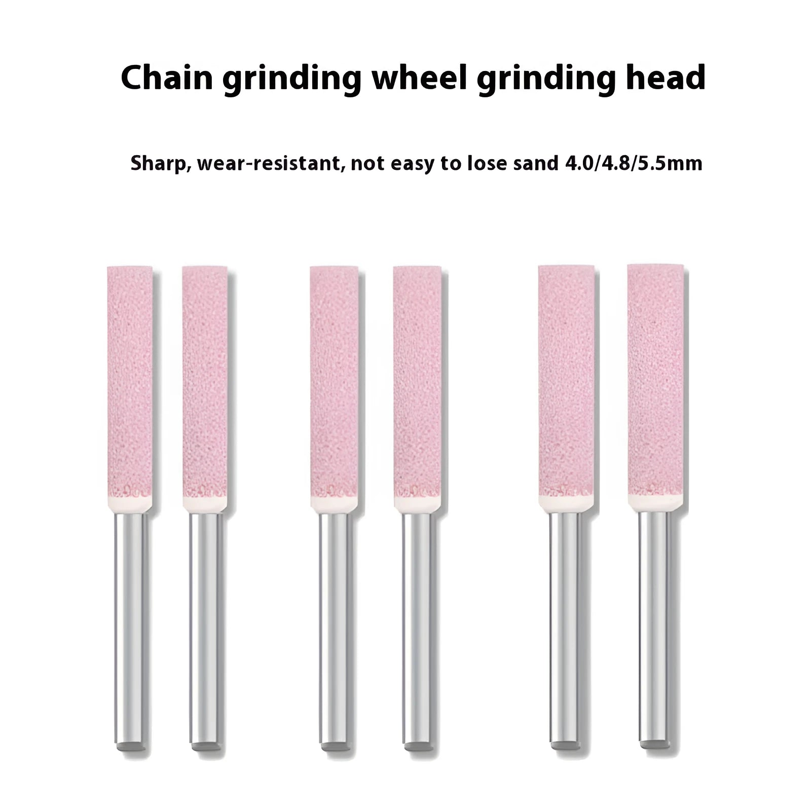 Set of three chrome steel jade ceramic cylindrical chainsaw sharpener grinding heads in 4.0mm, 4.8mm, and 5.5mm diameters