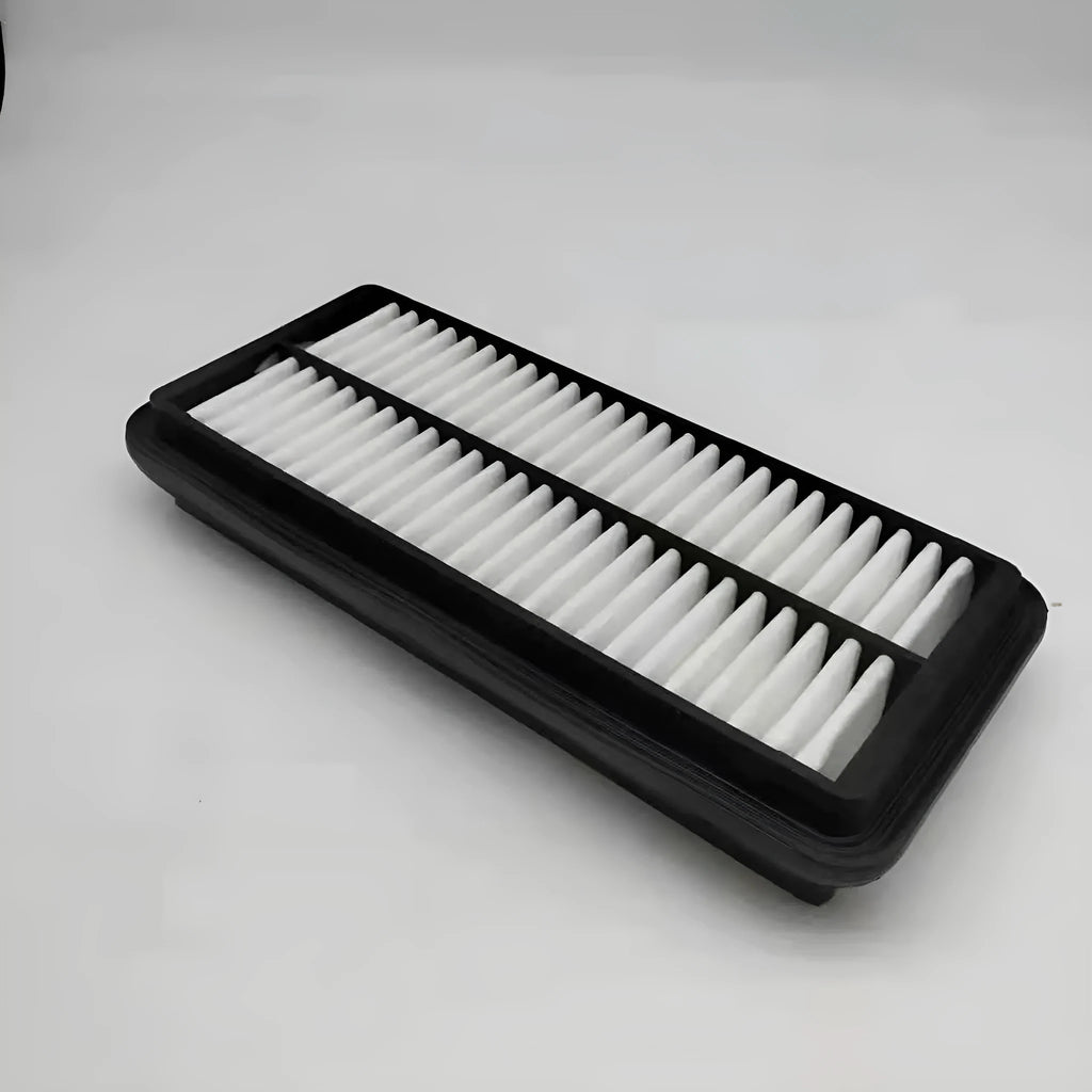 Black rectangular car panel air filter with dimensions 256mm by 113mm by 40mm