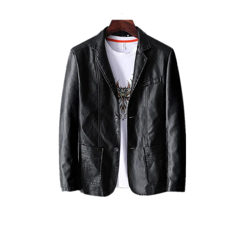 Men's PU leather jacket with studded lapels and quilted sleeves in black, red, and orange, sizes M to 6XL