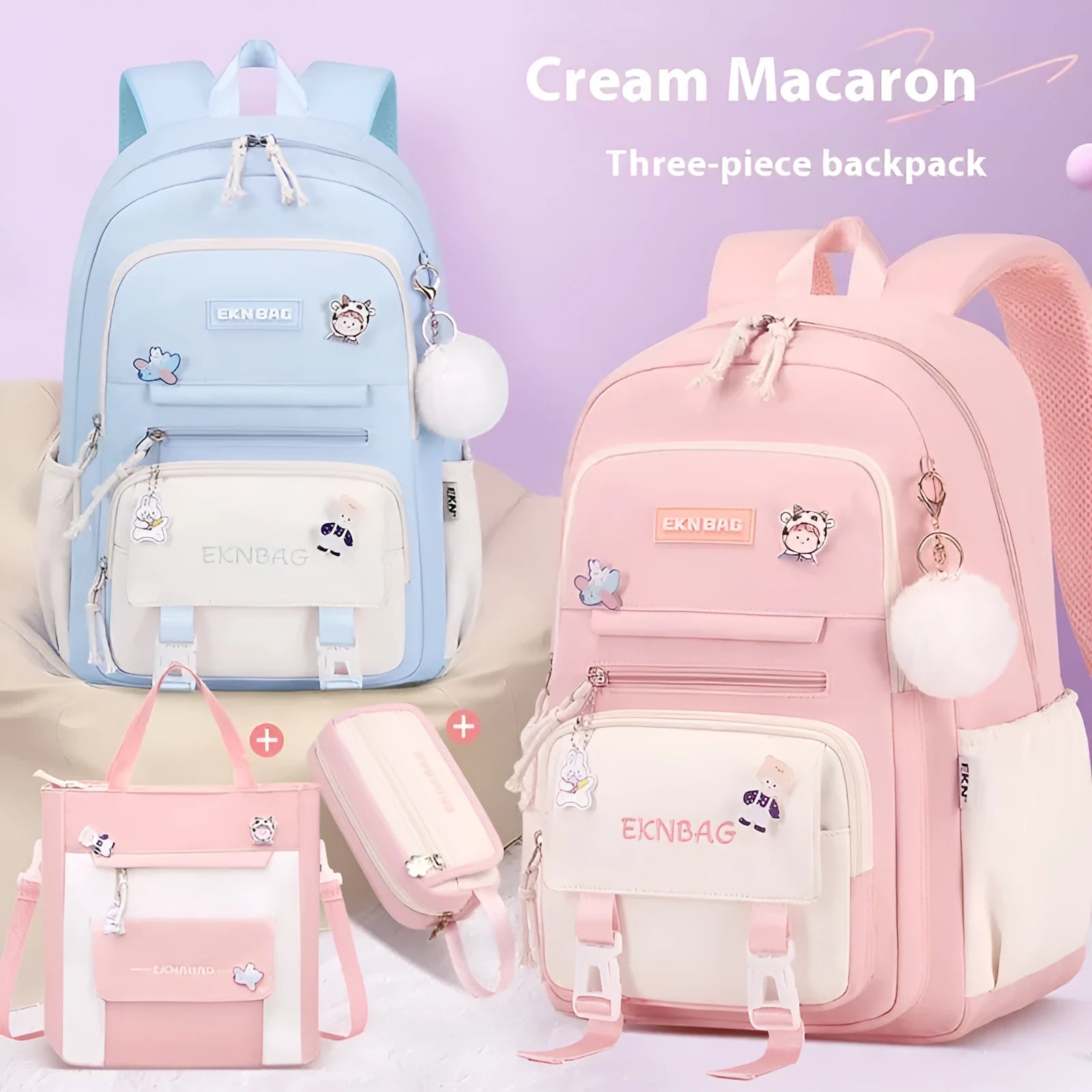 Pink waterproof Oxford cloth school backpack for girls with curved shoulder straps, shown with a matching pencil case.