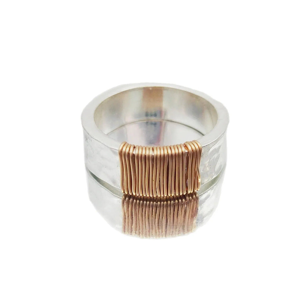 Copper wide face ring bracelet with geometric vintage coil design in silver gold colour.
