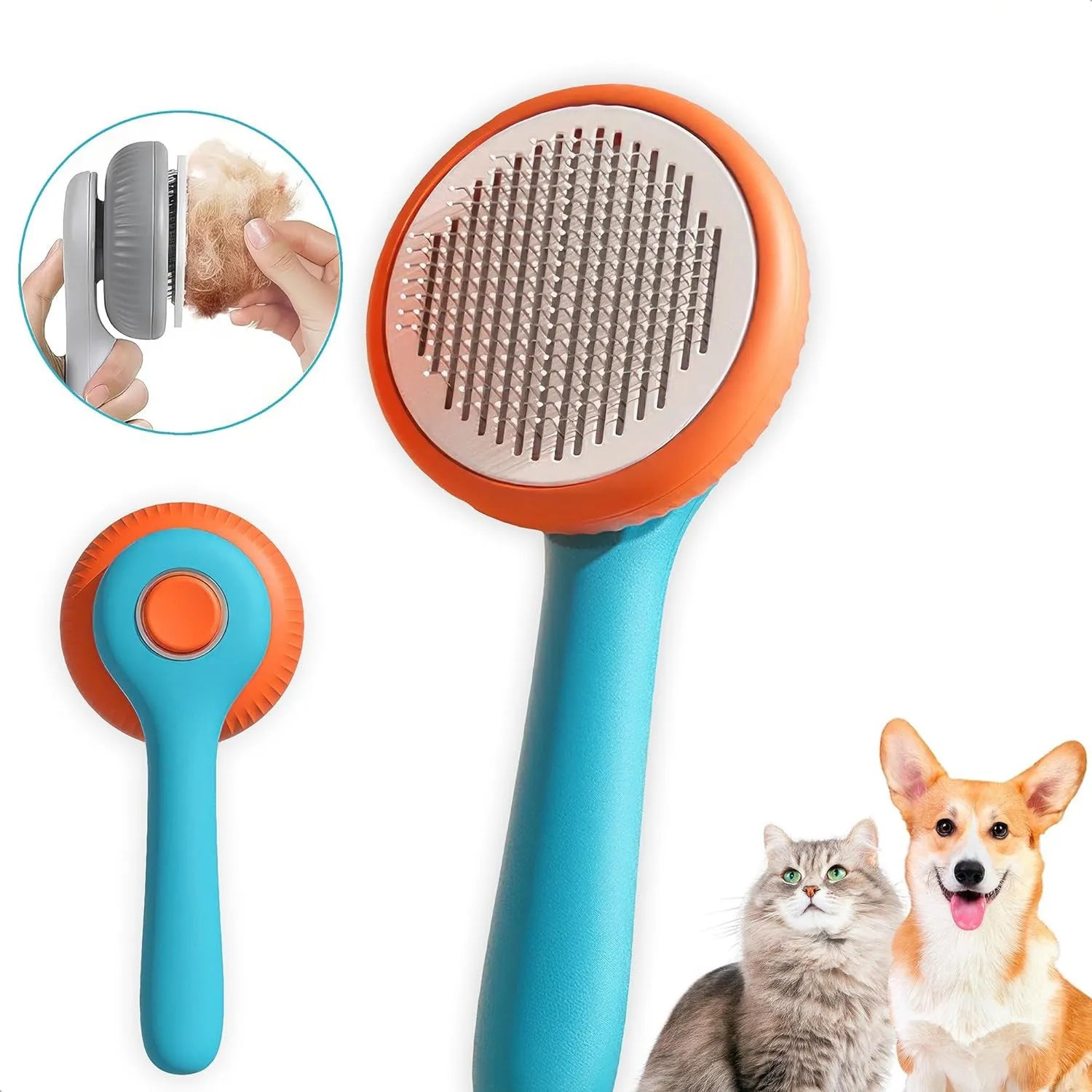 Blue and white self-cleaning pet grooming brush with massage nodules for cats and dogs