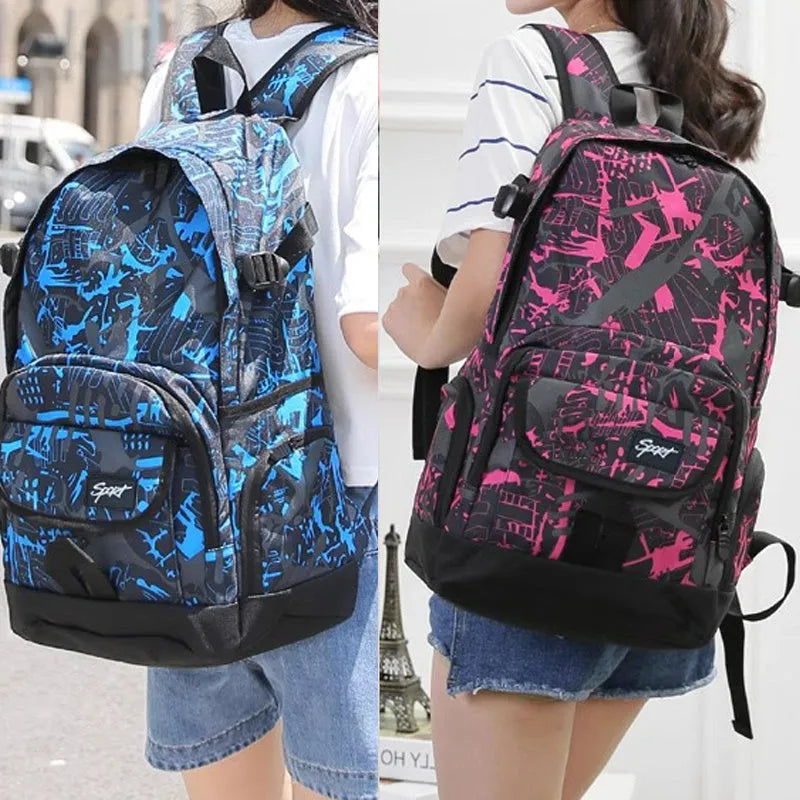 Blue classic nylon large capacity backpack shown upright, with a red colour option available.
