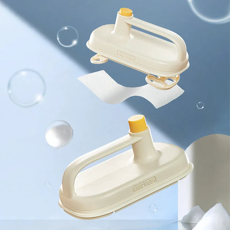 Magic cleaning brush with plastic handle and 50 disposable white non-woven fabric rag refills for household cleaning