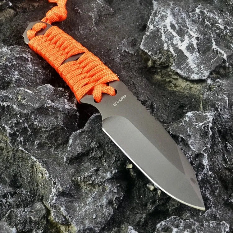 Outdoor straight survival knife with rope-wrapped handle and black ABS plastic sheath