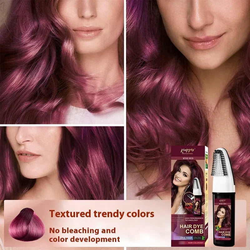 Permanent hair dye kit showing 200ML bottle and easy application comb in choice of Brown, Wine Red, or Dark Brown shade.