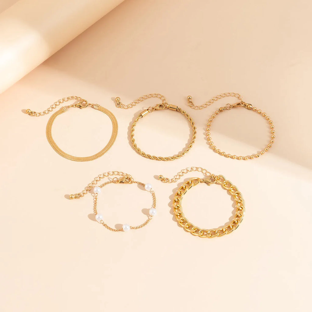 Retro pearl chain beaded bracelet set with heart shape beads in gold and white K electroplated finish