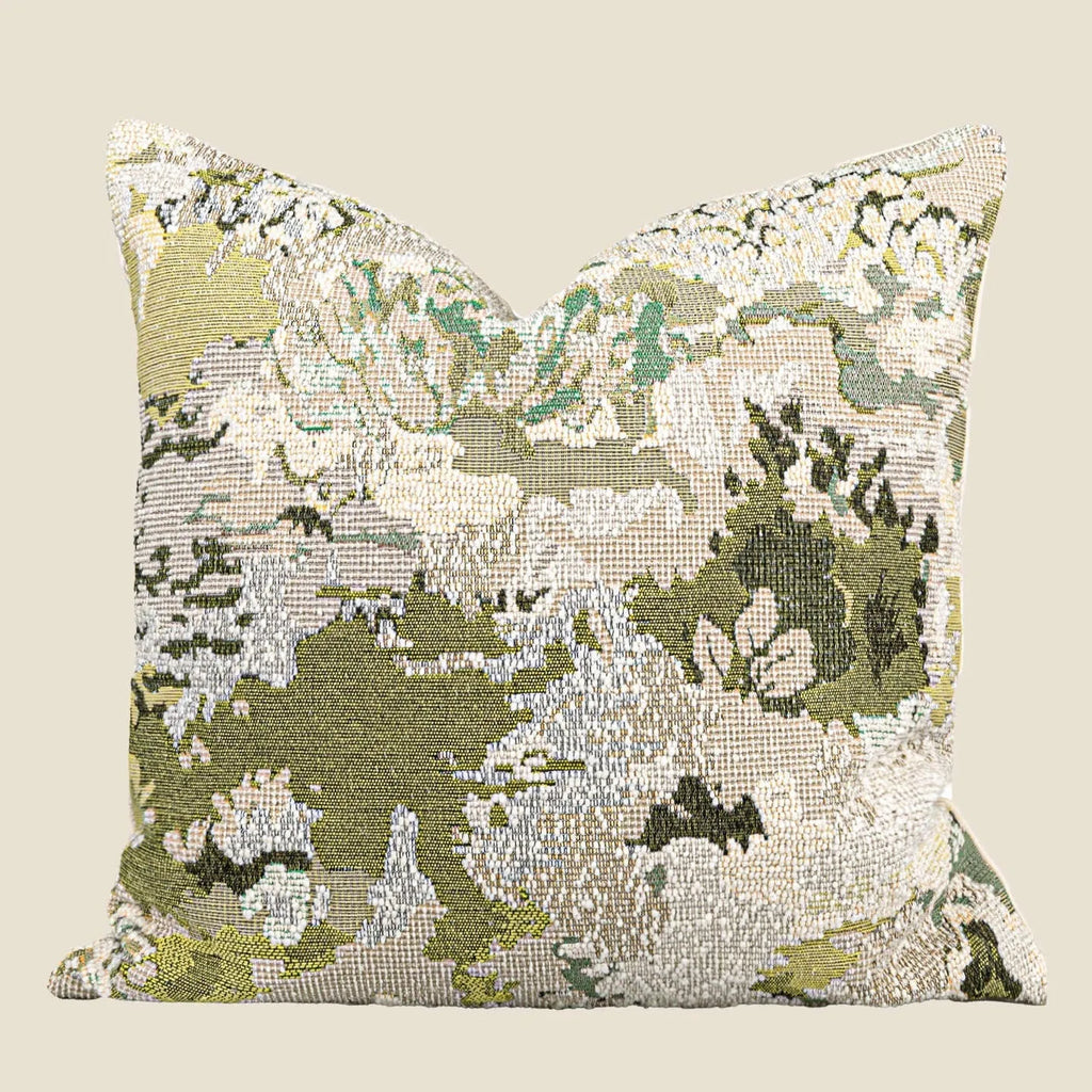 Antique green wool blend cushion with abstract spring flower botanical pattern.