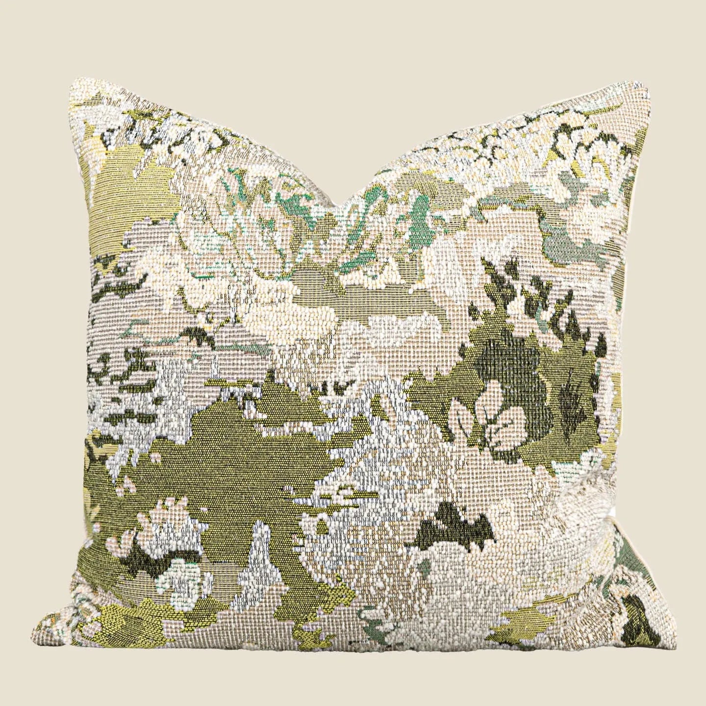Antique green wool blend cushion with abstract spring flower botanical pattern.