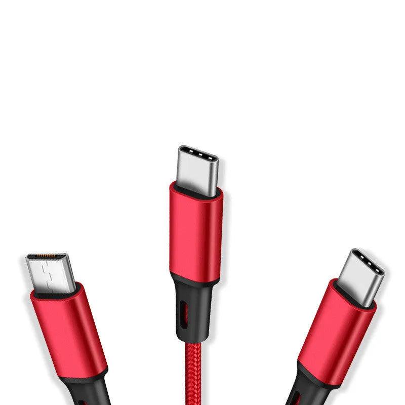 Three-in-one braided charging cable showing red, blue, gold, black, silver, and rose gold colour options