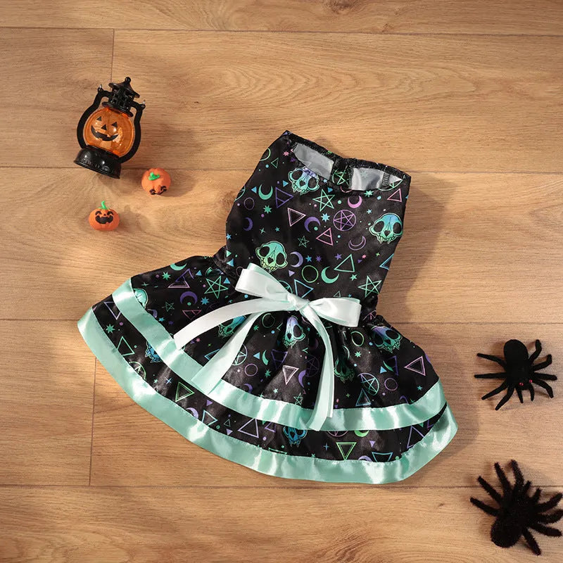 Colourful double-layer Halloween skirt for dogs in pumpkin or skull print.