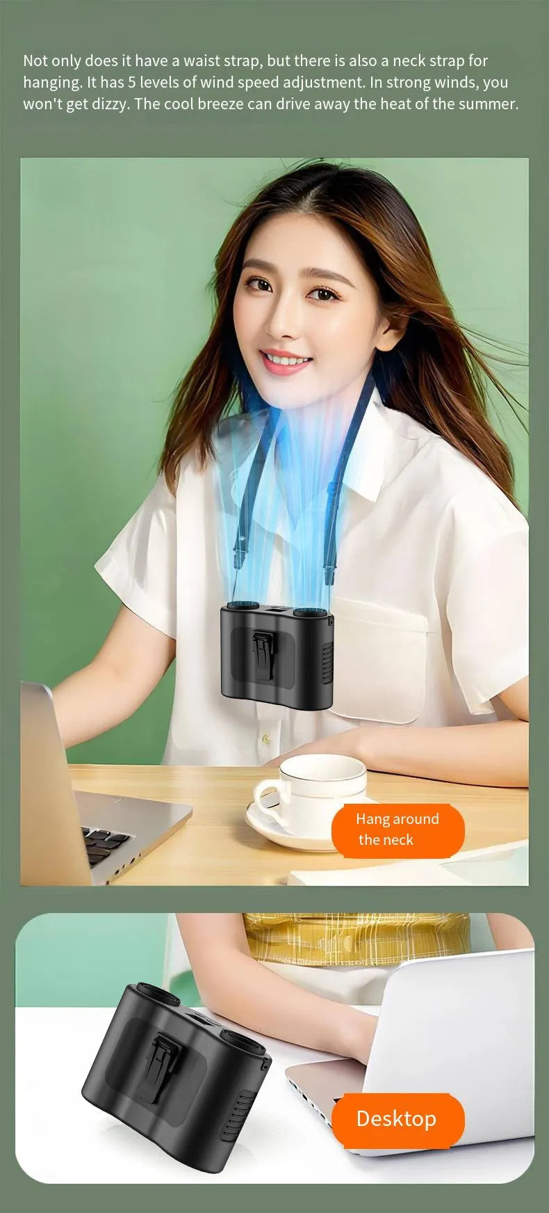Black waist-hung portable personal fan with neck lanyard, shown in hand-held and hanging modes.