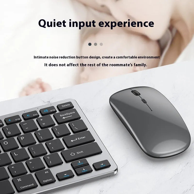 Ultra-thin black wireless keyboard and mouse combo with receiver and cover on a desk.