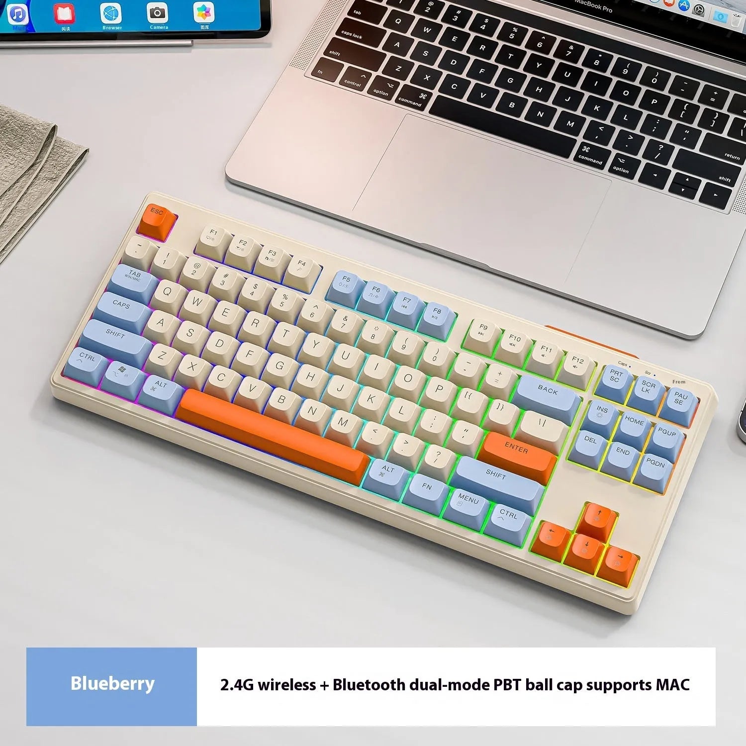 Wireless Bluetooth dual-mode mechanical keyboard in blueberry, cheese, coffee, or shimmer colour