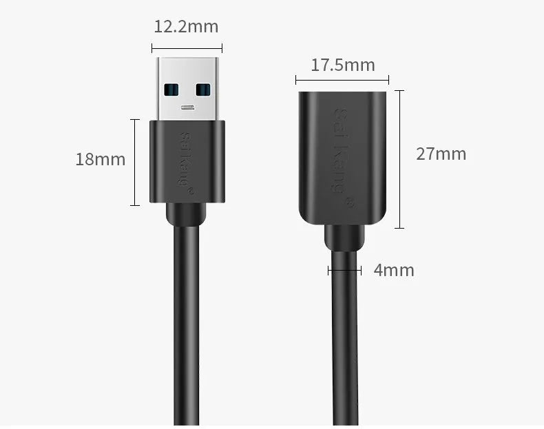 Black USB extension cable with male and female connectors, shown coiled to demonstrate its available lengths.