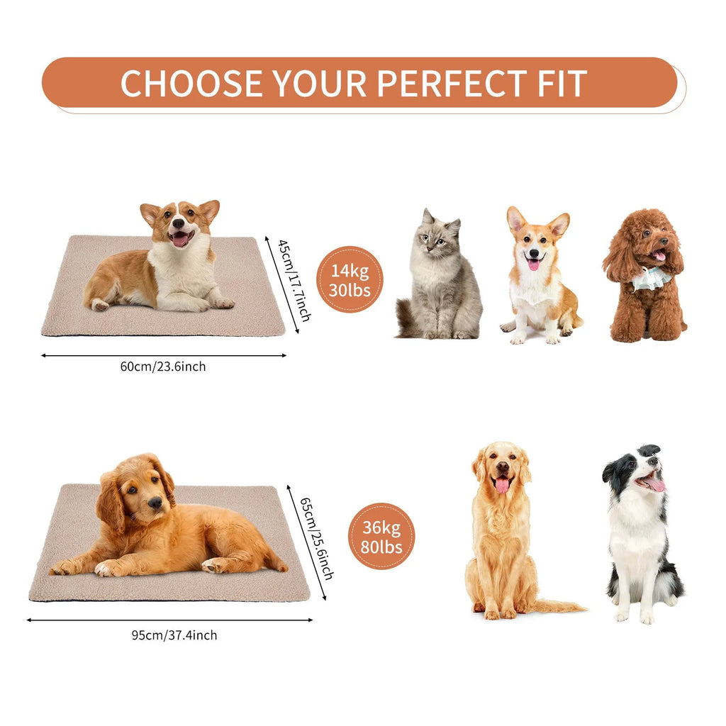 Grey self-heating plush pet pad for cats and dogs on a wooden floor
