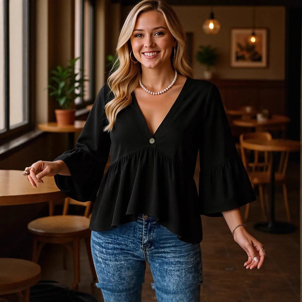 Women's solid colour black casual shirt with seven-point flared sleeves and pleating detail