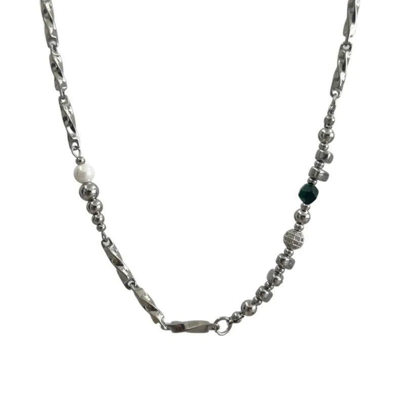 Polished stainless steel necklace in broken silver with adjustable chain, cold wind style, unisex design