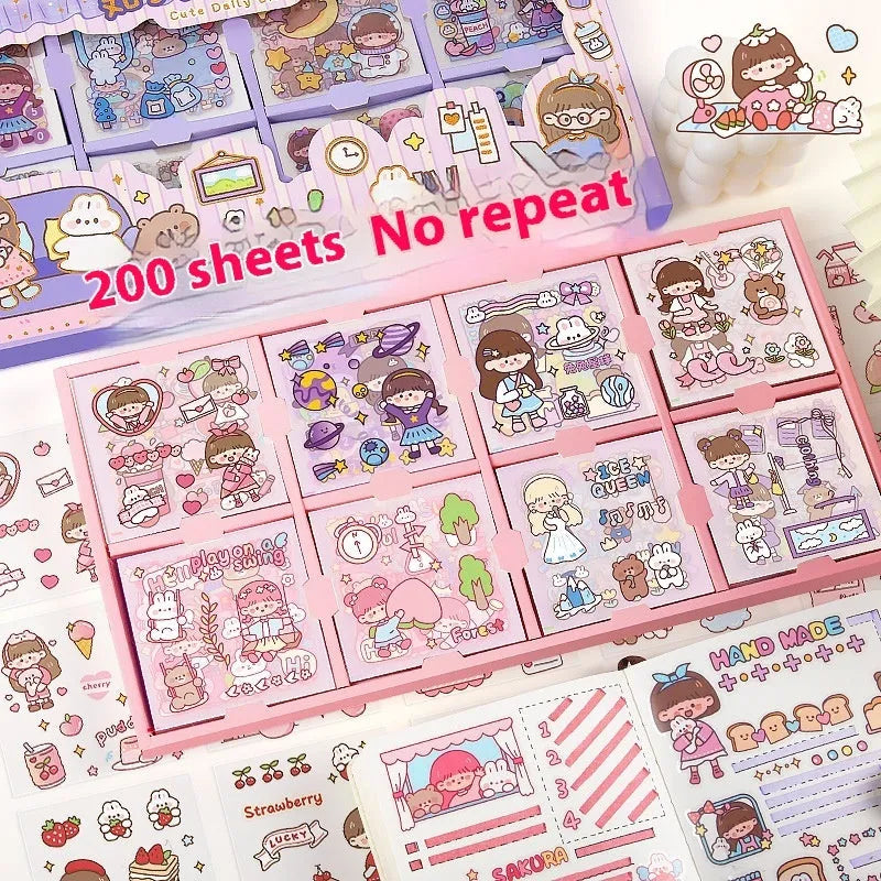 Box of children's themed stickers for notebook decoration with five colourful design options